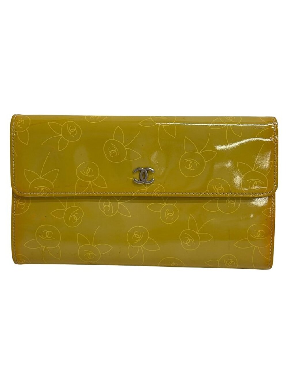 Chanel Wallet Yellow CC Logo Matte Silver Leather